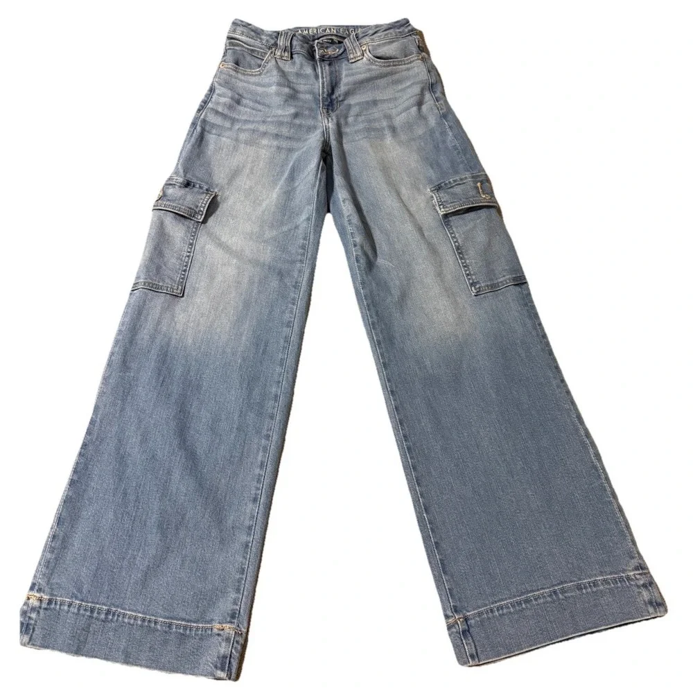 American Eagle Jeans Womens 0 Blue Super High Rise Baggy Wide Leg Cargo 90s VTG